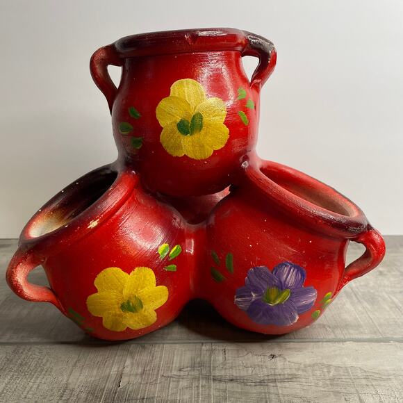 Vintage Red Clay Pottery Floral 4 Pot Planter Purple Yellow Flowers - Picture 1 of 8